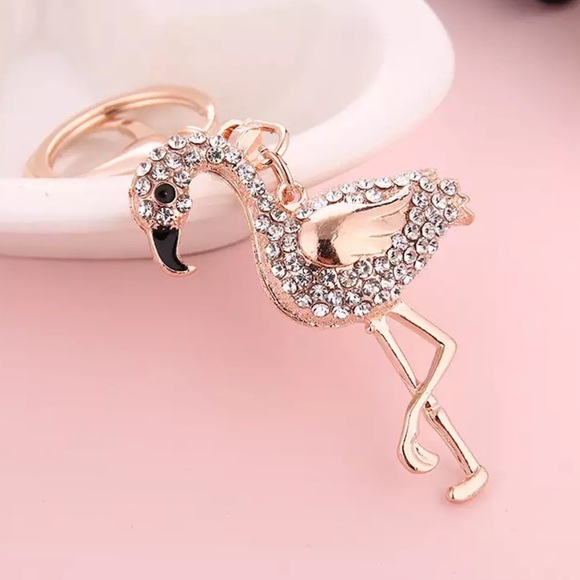 Whimsical Gold & Silver Crystal Flamingo Keychain Charm - Picture 2 of 14
